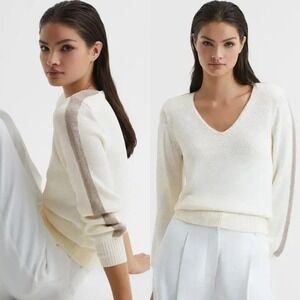 REISS White Tara Colorblock V Neck Knitted Sweater